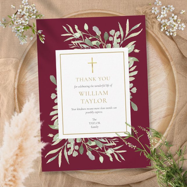 Funeral Memorial Foliage Burgundy Christian Thank You Card (Funeral Memorial Foliage Burgundy Christian Thank You Card)