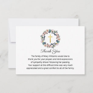 Funeral Memorial Gold Cross Floral Wreath Thank You Card