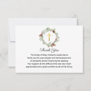 Funeral Memorial Gold Cross Rustic Wreath Thank You Card