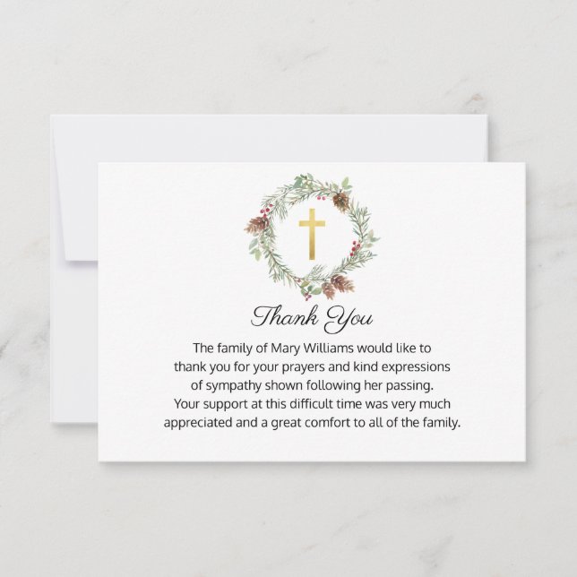 Funeral Memorial Gold Cross Rustic Wreath Thank You Card (Front)