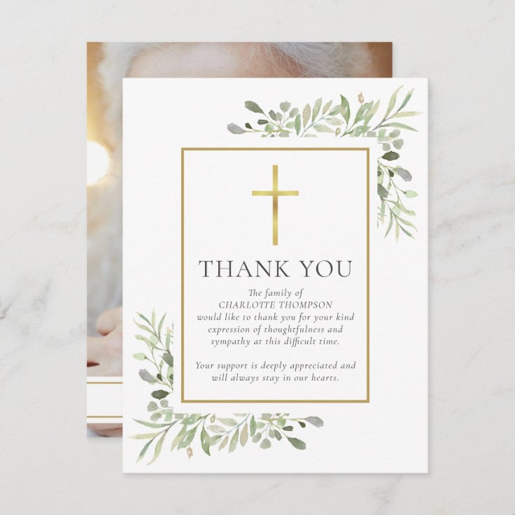 Funeral Memorial Greenery Christian Photo Thank You Card | Zazzle