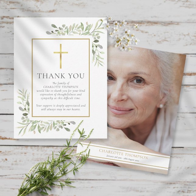 Funeral Memorial Greenery Christian Photo Thank You Card (Creator Uploaded)