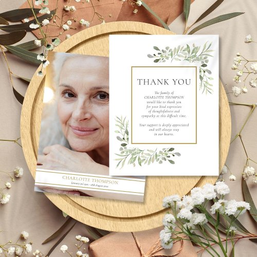 Funeral Memorial Greenery Gold Frame Photo Thank You Card