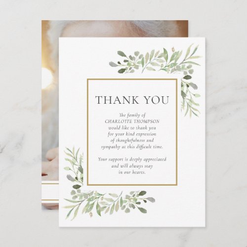 Funeral Memorial Greenery Gold Frame Photo Thank You Card