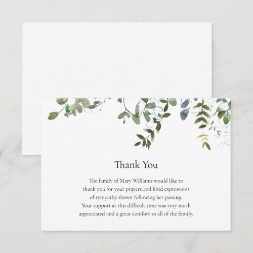 Funeral Memorial Greenery Thank You Note Card