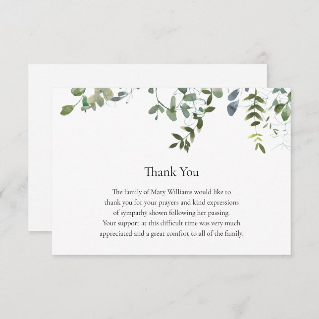 Funeral Memorial Greenery Thank You Note Card (Front/Back)