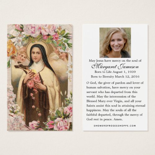 Funeral Memorial Holy Card St Therese Roses