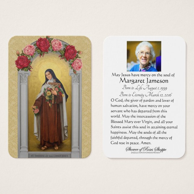 Funeral Memorial Holy Card St. Therese Roses (Front & Back)