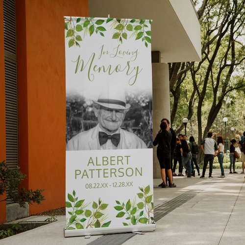 Funeral Memorial  In Loving Memory Green Foliage Retractable Banner