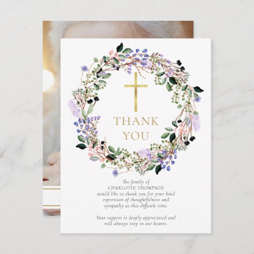 Funeral Memorial Lavender Floral Christian Photo Thank You Card