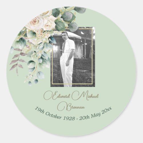 Funeral Memorial Male Photo Elegant Rose Floral Classic Round Sticker
