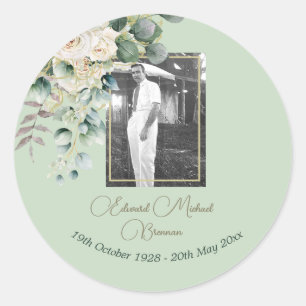 Funeral Memorial Male Photo Elegant Rose Floral Classic Round Sticker