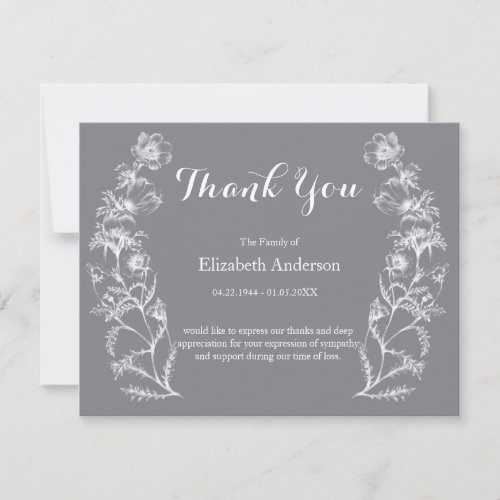 Funeral Memorial Modern Floral Gray Thank You Card