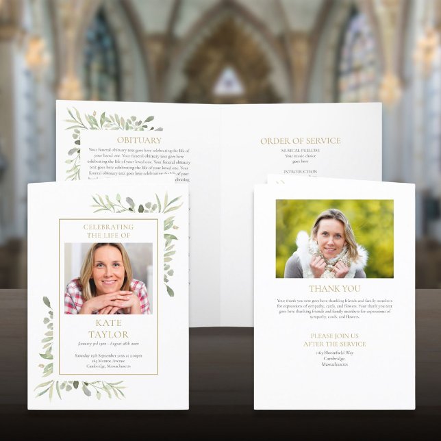 Funeral Memorial Order Of Service Photo Greenery  Program (Funeral Memorial Order Of Service Photo Greenery Program)