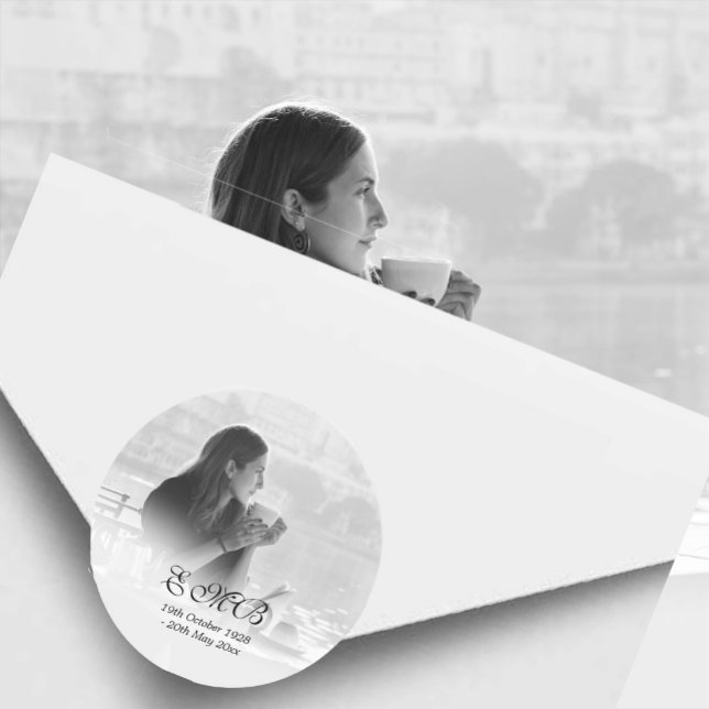 Funeral Memorial  Overlay Photo Simple Monogram Classic Round Sticker (Creator Uploaded)