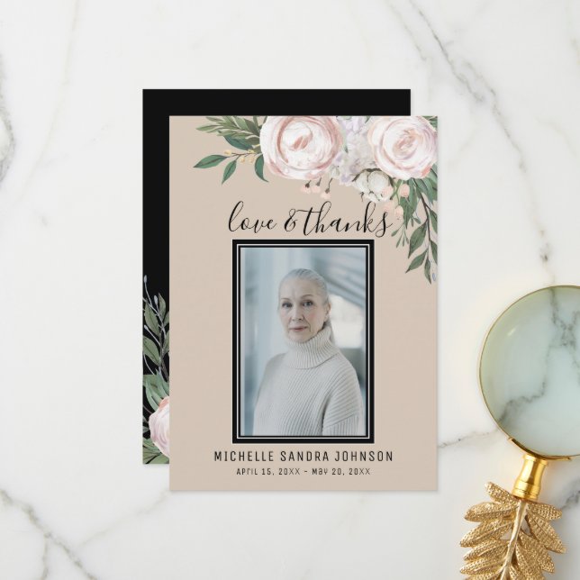  Funeral Memorial Photo Beige Roses Thank You Card (Front/Back In Situ)