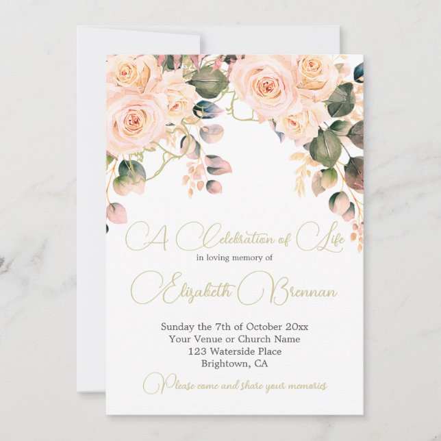 Funeral Memorial Photo Elegant  Pink Rose Floral  Invitation (Front)