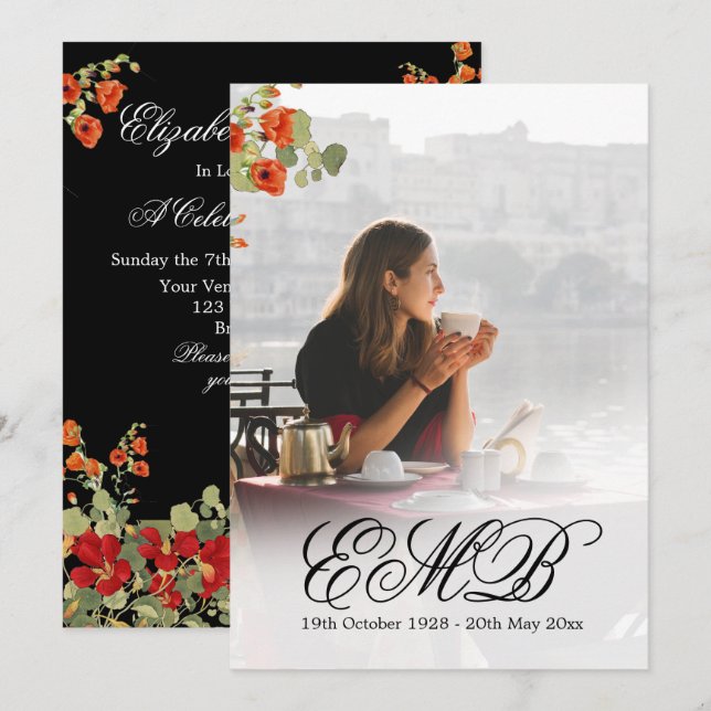 Funeral Memorial Photo Floral Black Celebration  Invitation (Front/Back)