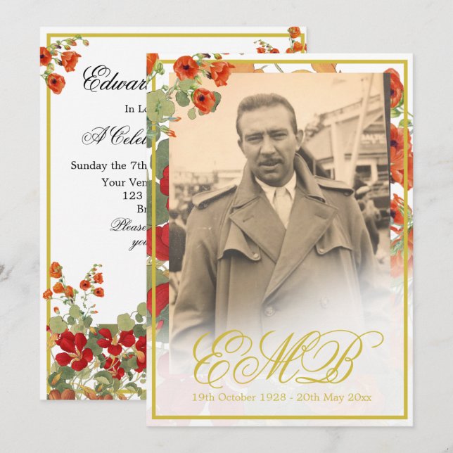 Funeral Memorial Photo Floral Gold Celebration  Invitation (Front/Back)