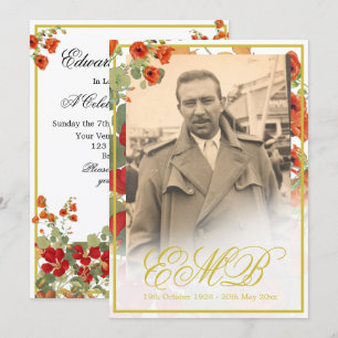Funeral Memorial Photo Floral Gold Celebration Invitation