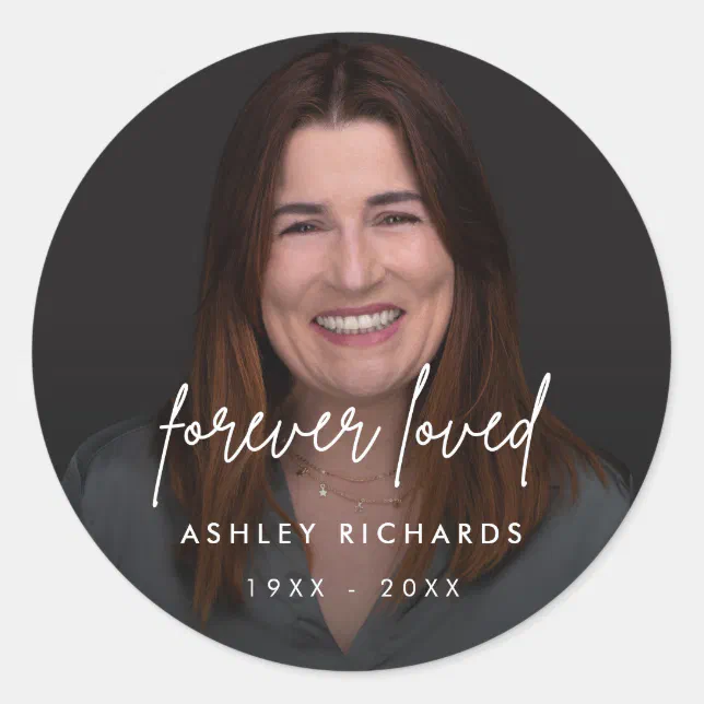 Funeral Memorial Photo Script Forever Loved Classic Round Sticker | Zazzle