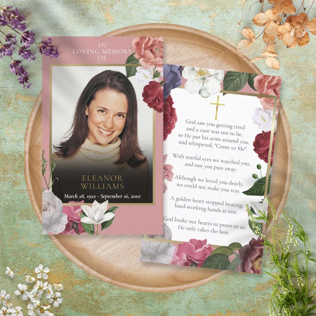 Funeral Memorial Pink Floral Photo Prayer Cards (Creator Uploaded)