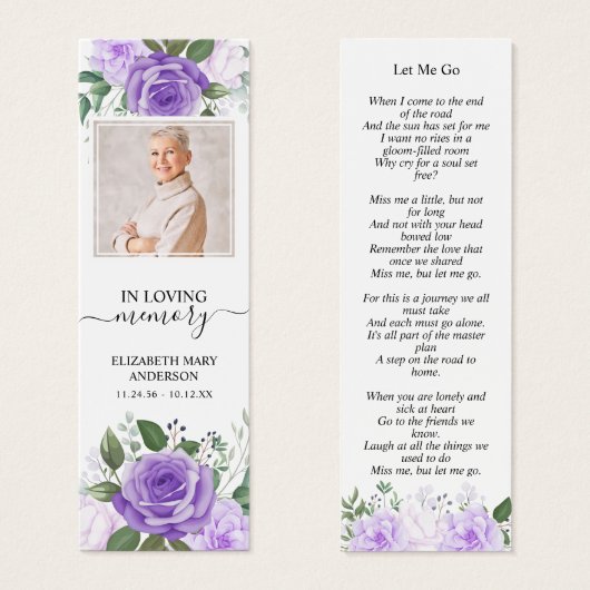 Funeral Memorial Purple Floral Mini Bookmark (Front & Back)