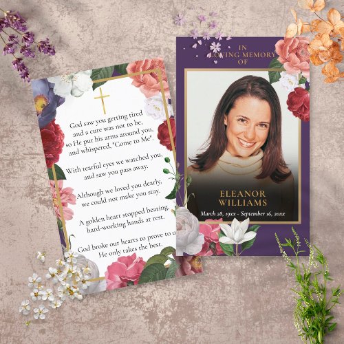 Funeral Memorial Purple Floral Photo Prayer Cards