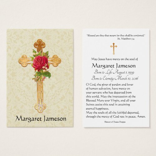 Funeral Memorial Red Rose Cross Holy Card _