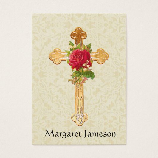 Funeral Memorial Red Rose Cross Holy Card - (Front)