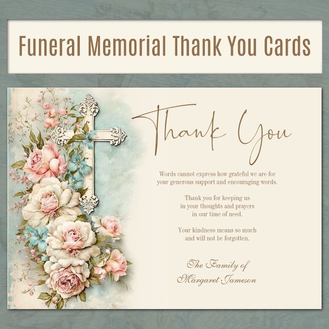 Funeral Memorial Service Floral Cross Religious Thank You Card (Christian Floral Funeral Memorial Service Thank You Cards)