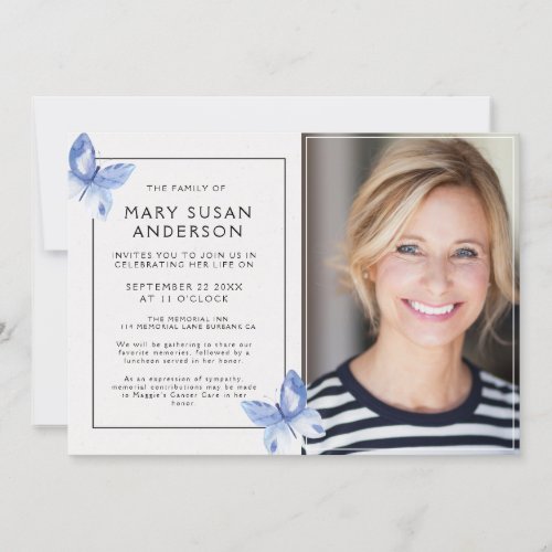 Funeral Memorial Simple Blue Butterfly Annoucement Invitation