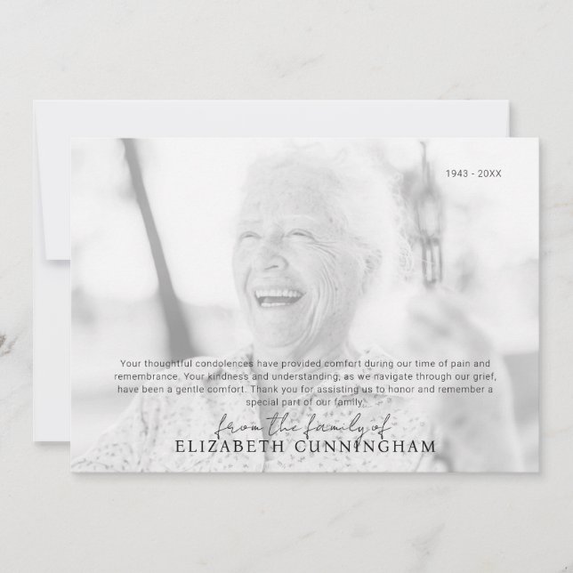 Funeral Memorial Simple Modern Photo Thank You Card (Front)