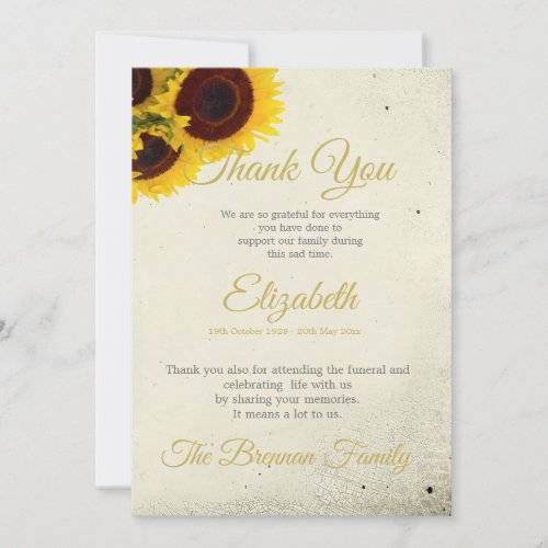 Funeral Memorial  Sunflower Rustic Thank You