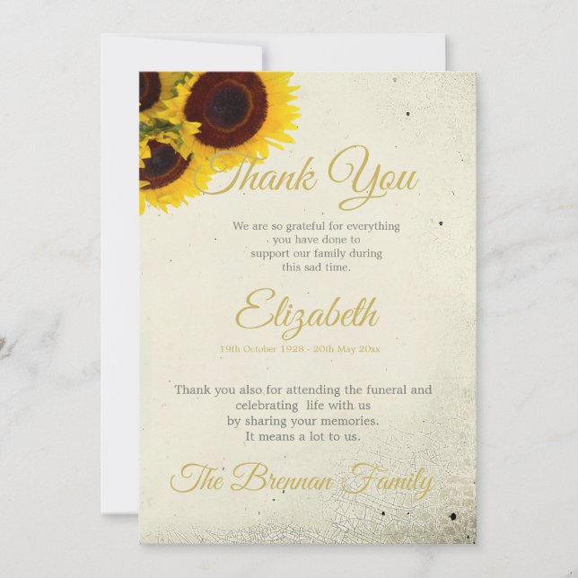 Funeral Memorial  Sunflower Rustic Thank You Card (Front)