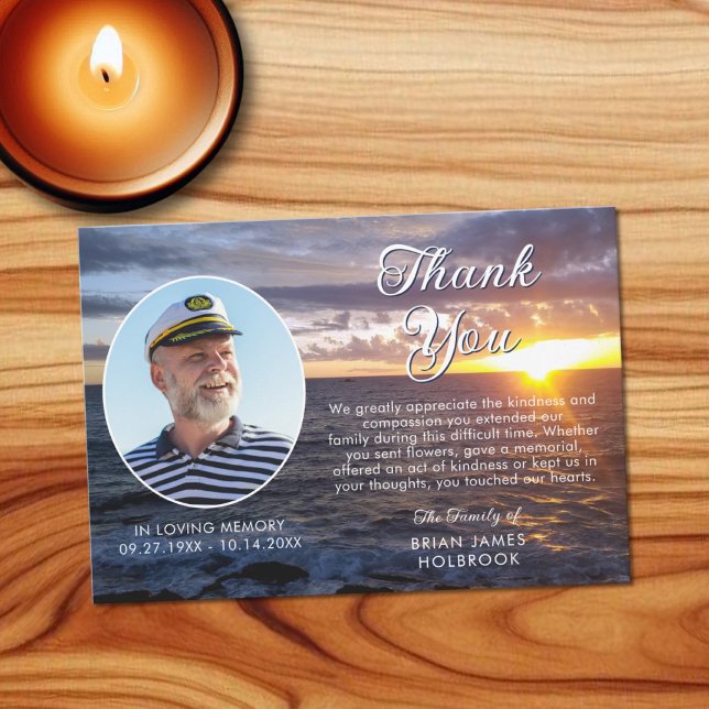 Funeral Memorial Sunset Ocean Photo Thank You Card (Creator Uploaded)