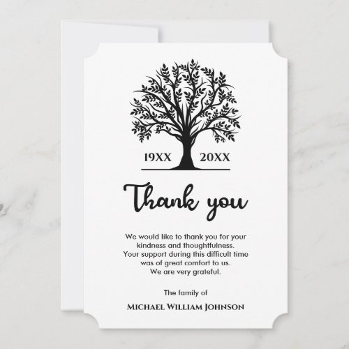 Funeral Memorial Tree Of Life Black And White Thank You Card