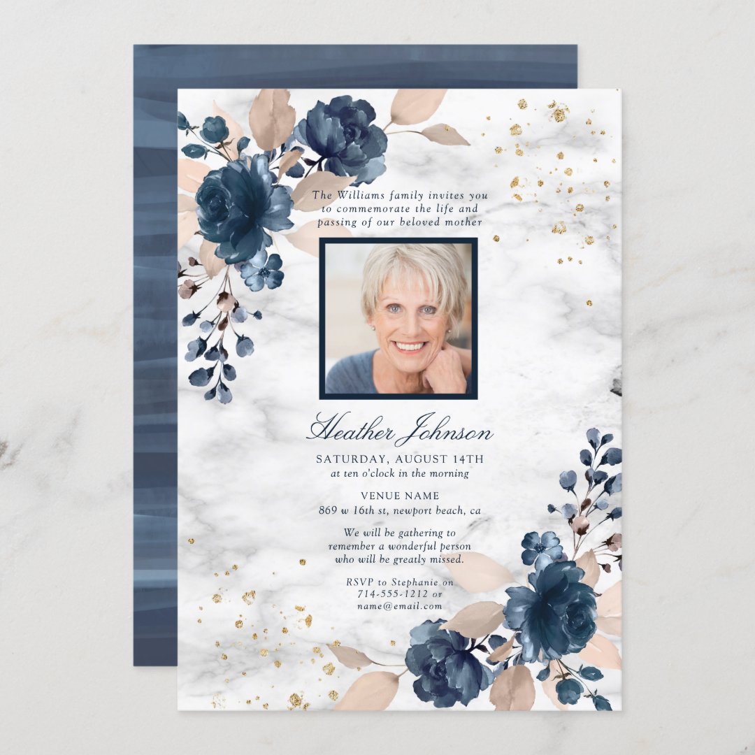 Funeral Navy Blue Blush Pink Marble Floral Photo Invitation | Zazzle