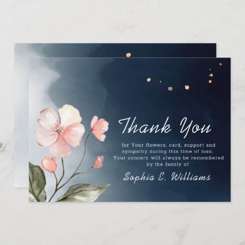 Funeral Navy Blue Elegant Floral Thank You Card