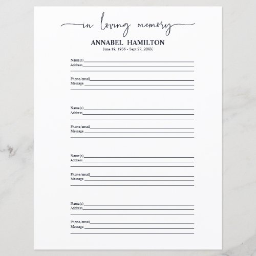 Funeral Or Memorial Guest Book Filler Page