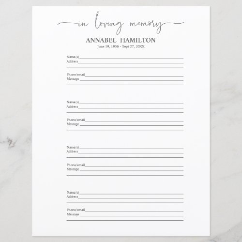 Funeral Or Memorial Guest Book Filler Page