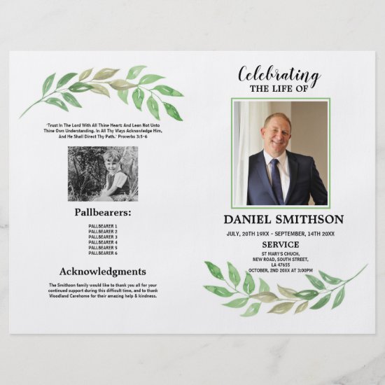 Funeral Order of Service Celebrating Life Leaf Flyer