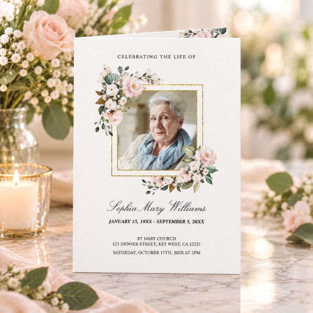 Funeral Order of Service | Floral Memorial Program ("Celebrating the Life Of" funeral program with white floral gold frame photo, personalized)
