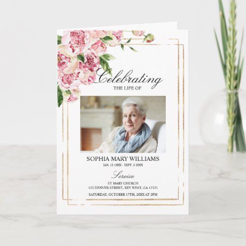 Funeral Order of Service  Pink Flowers Memorial Card