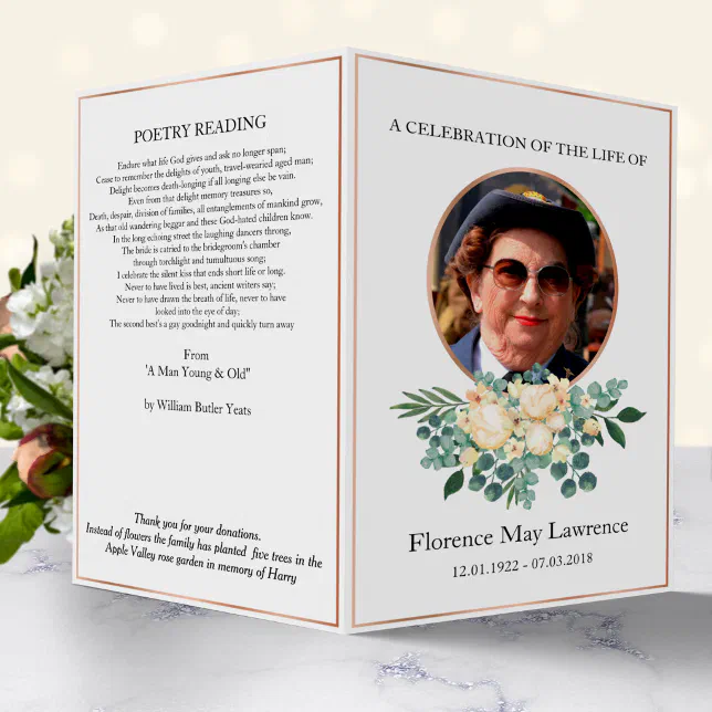 Funeral pamphlet, rose gold & white bouquet flyer | Zazzle