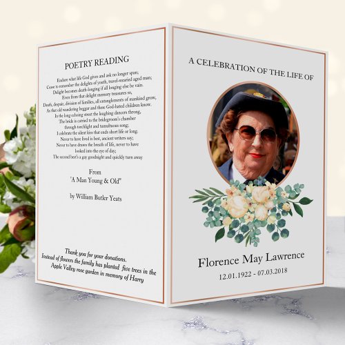 Funeral pamphlet rose gold  white bouquet flyer