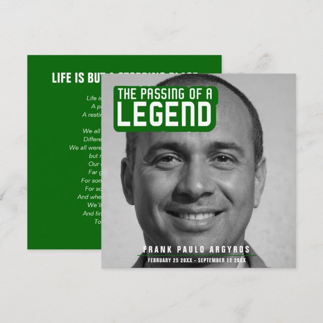 Funeral passing of a legend modern green poem card (Front/Back)