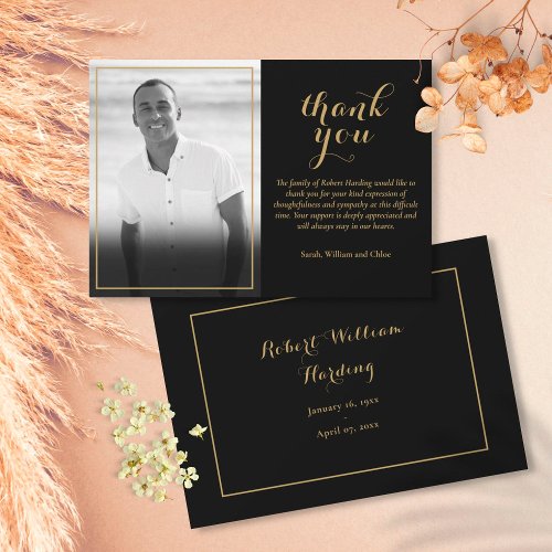 Funeral Photo Black and Gold Elegant Script Thank You Card
