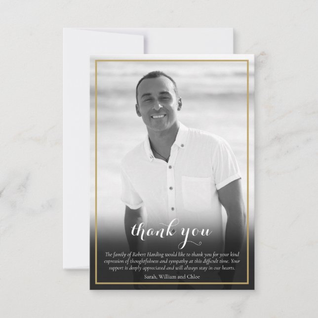 Funeral Photo Black and White Elegant Gold Cross Thank You Card (Front)