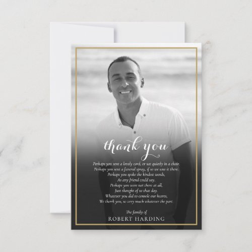 Funeral Photo Black and White Gold Poem Thank You Card